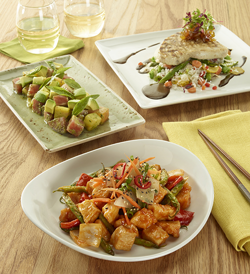AC - PF CHANGS L-R Tomato  Basil Salad Grilled Swordfish Korean BBQ Chicken Stir-Fry