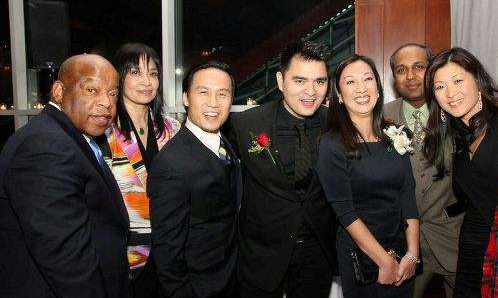 Congressman John Lewis (GA), Margaret Fung, AALDEF Exec Dr, BD Wong, Jose Antonio Vargas of Define American, Simone Wu of Choice Hotels Intl, Sree Sreenivasan, Chief Digital Officer Columbia Univ., Juju Chang ABC News, at AALDEF awards Photo by Lia Chang